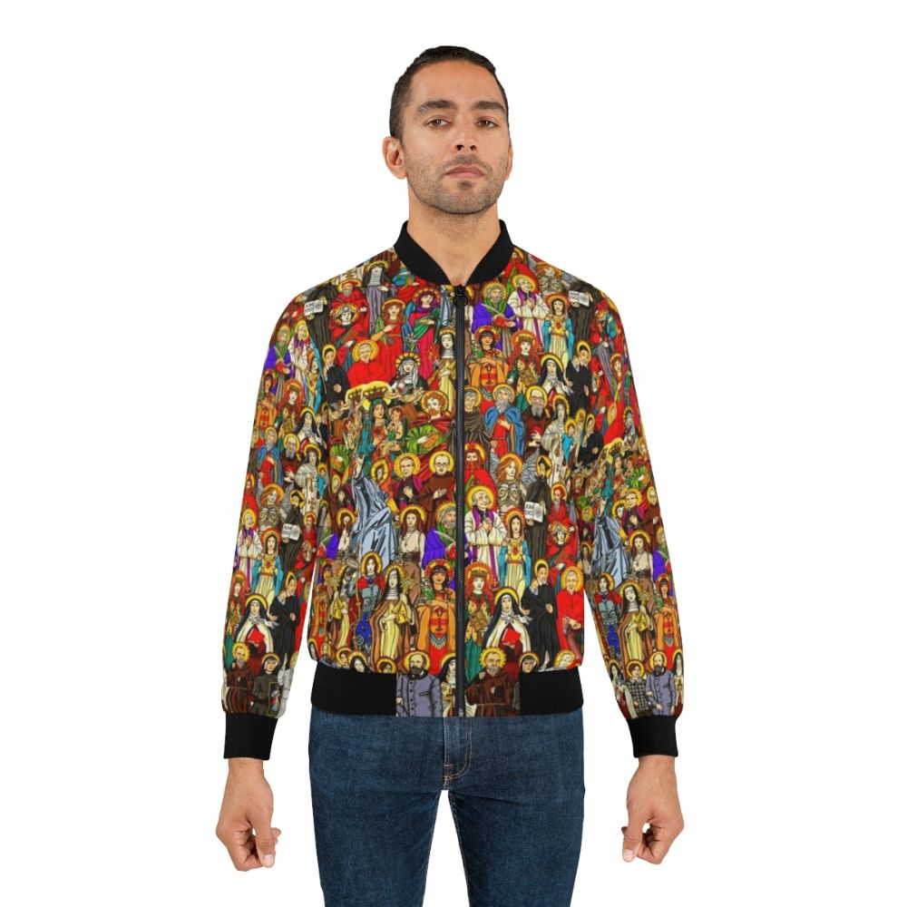 Blessed Saints Bomber Jacket featuring Catholic saints and religious imagery - Lifestyle