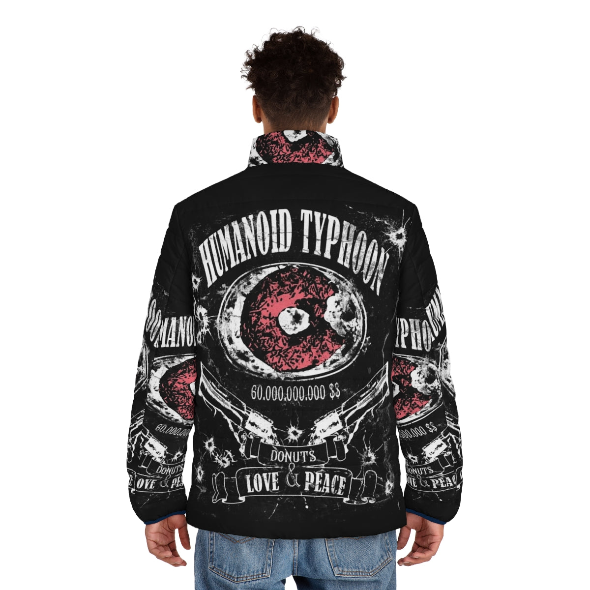 Trigun inspired Humanoid Typhoon puffer jacket with donuts design - men back