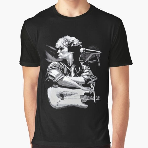 Graphic t-shirt featuring the portrait of Viktor Tsoi, a legendary Russian rock musician, playing guitar