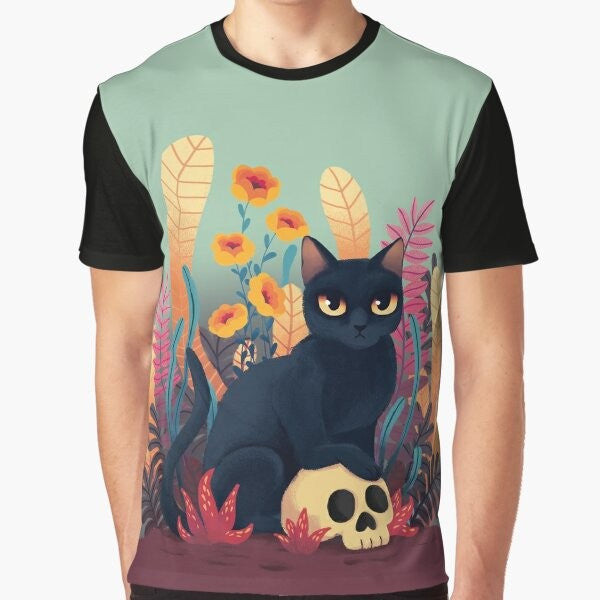 Cartoon image of a black cat with a skull and flowers on a graphic t-shirt design