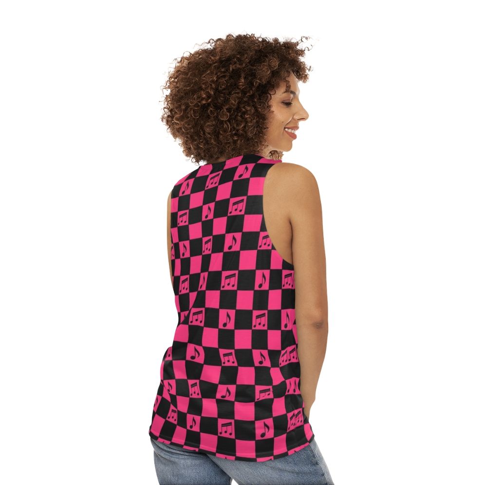 Retro checkerboard pattern unisex tank top with music notes - women back