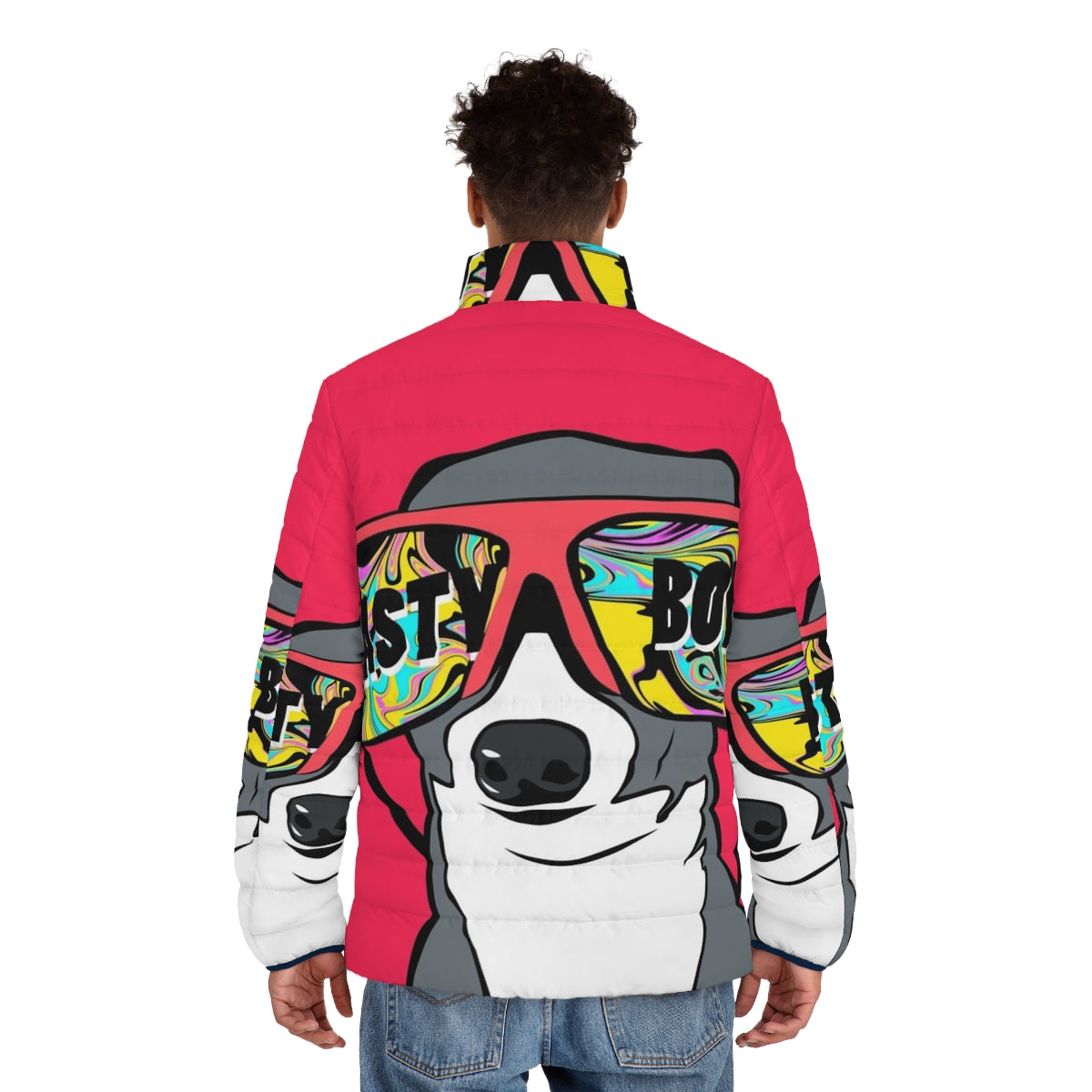 Kermit the Frog inspired puffer jacket with a cute dog design - men back