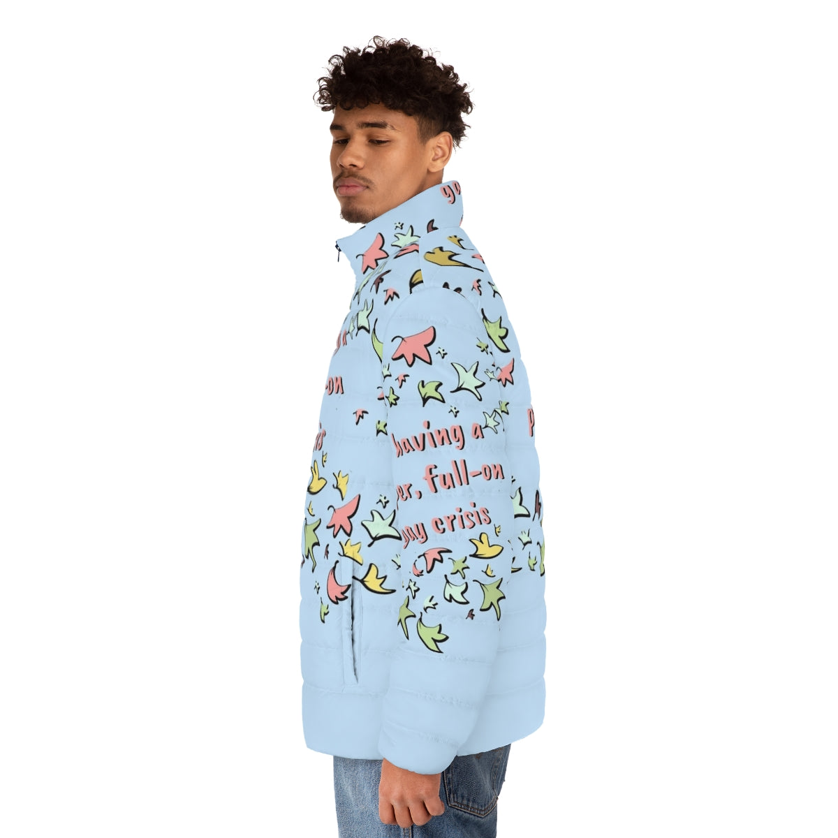 Heartstopper inspired puffer jacket featuring leaves design and Nick and Charlie characters - men side left