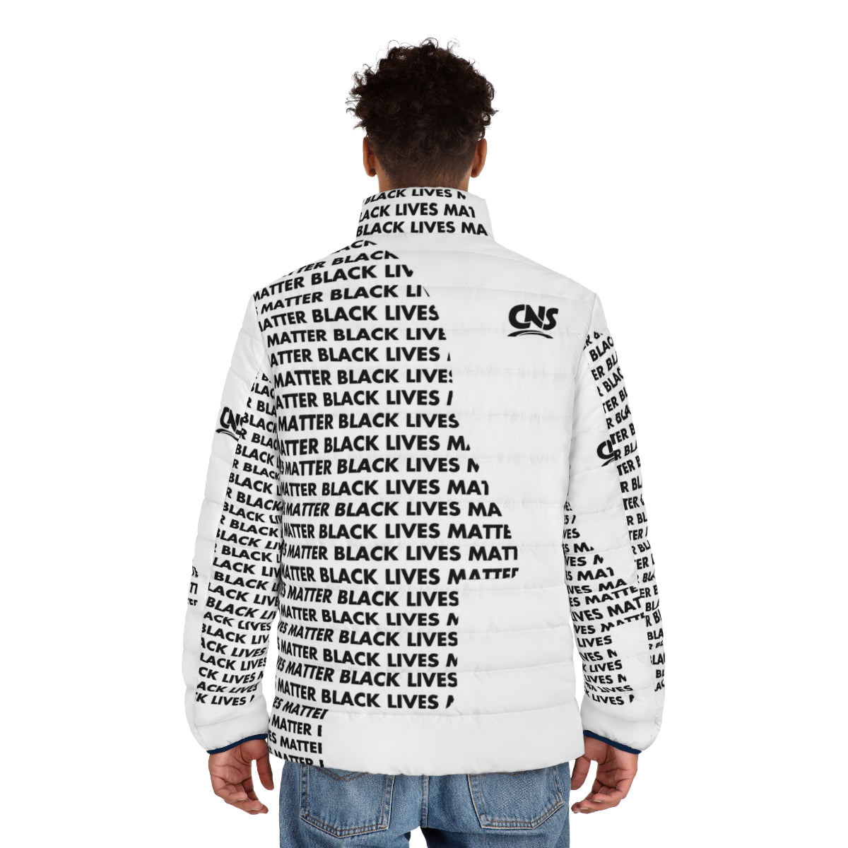 White puffer jacket with "BLM" printed in black - men back