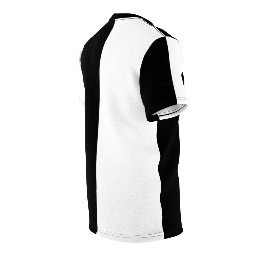 Model wearing a black and white color block graphic t-shirt - men right