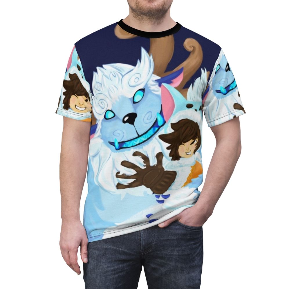 Nunu and Willump, the beloved League of Legends champions, hugging on a custom t-shirt design. - men front