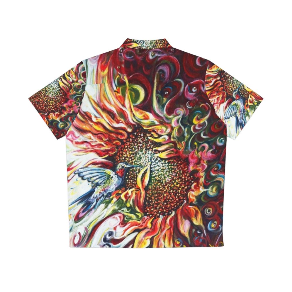 Sunflowers and hummingbird design on a colorful Hawaiian shirt - Back