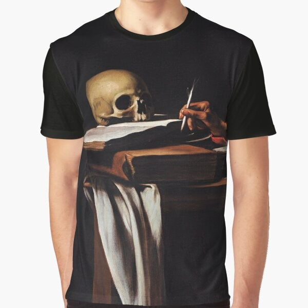 Baroque style graphic tee featuring Saint Jerome writing, a famous religious painting by the Italian artist Michelangelo Caravaggio.