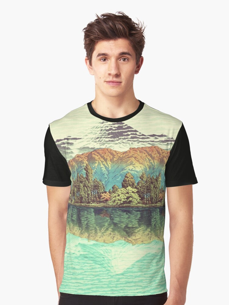 Ukiyo-e inspired nature landscape graphic t-shirt featuring hills, lake, reflection, and Mount Fuji - Men