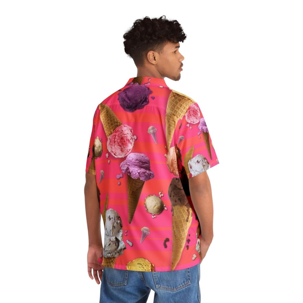 Colorful Hawaiian shirt featuring a repeating pattern of melting ice cream scoops and cones - People Back