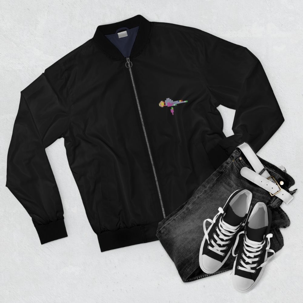 Defender Ship Astronaut Bomber Jacket featuring a classic arcade style design - Flat lay