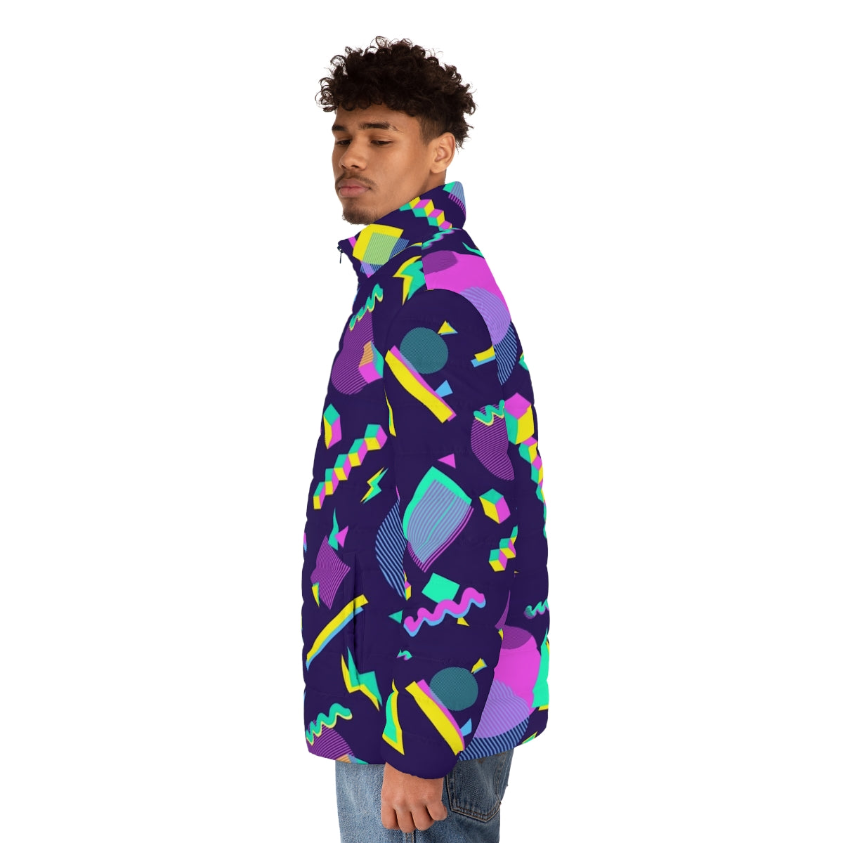 Colorful retro puffer jacket with geometric shapes and vaporwave aesthetic - men side left