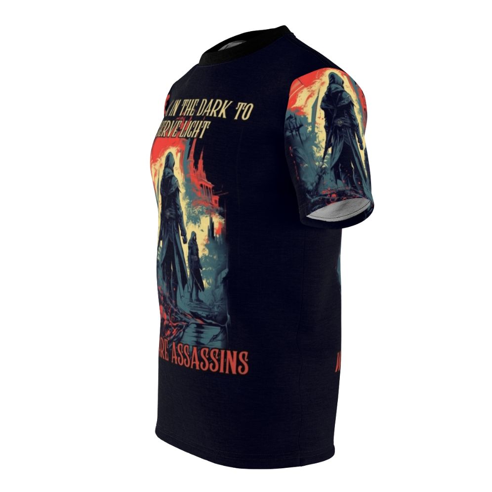 Assassin-Inspired Action T-Shirt featuring the Assassins Creed logo and design - men left