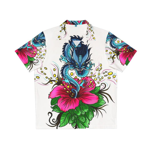 Vibrant dragon and hibiscus design on a Hawaiian shirt