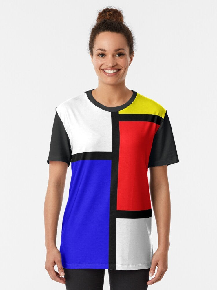 Mondrian-inspired geometric graphic t-shirt with primary colors of red, blue, and yellow - Women