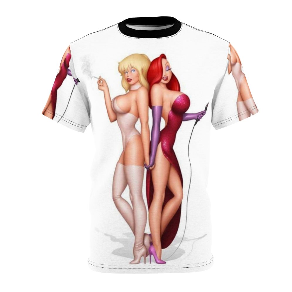 Vintage-style t-shirt design featuring Jessica Rabbit and Holli Wood characters