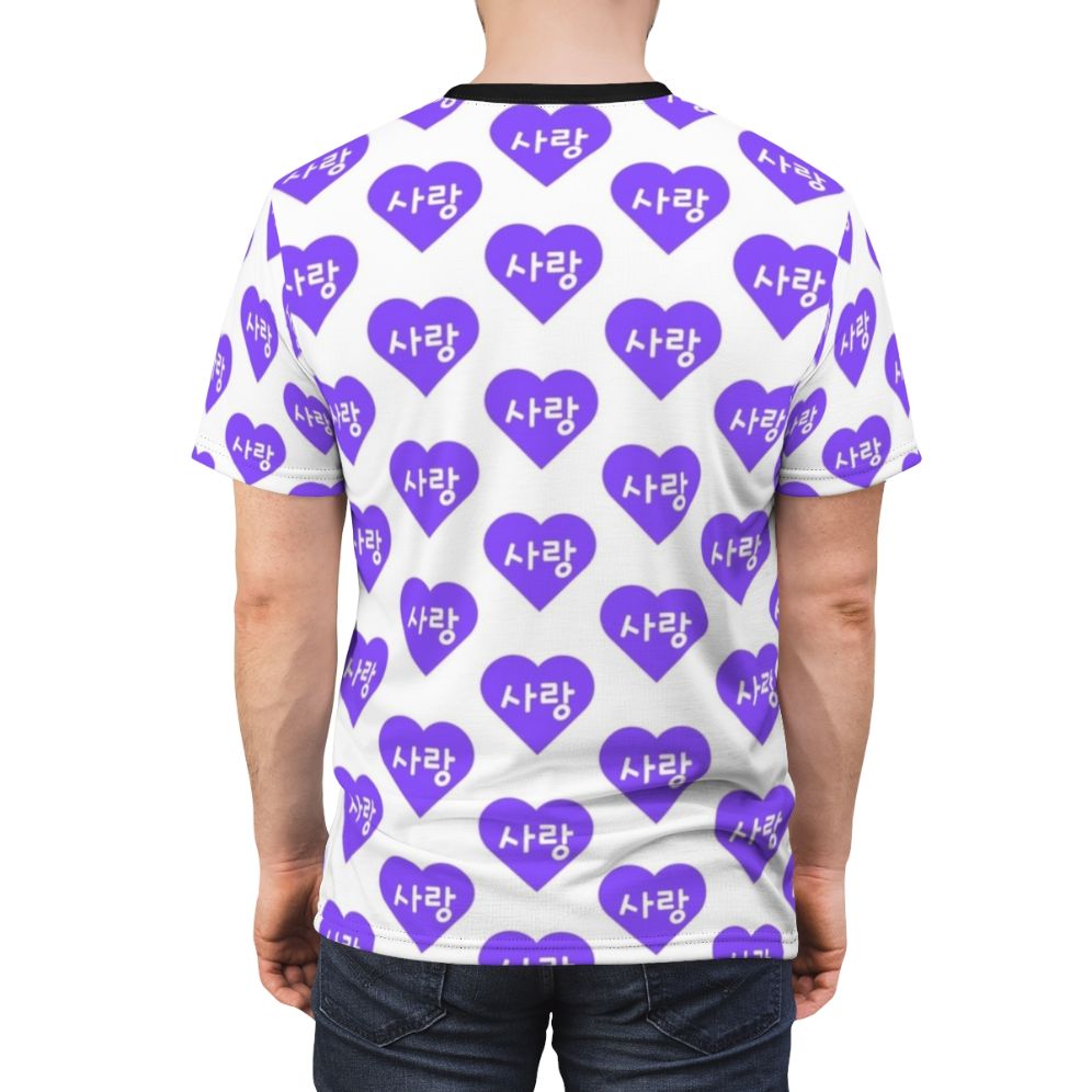 Stylish Korean-Inspired Purple Heart T-Shirt with Hangul Alphabet Design - men back