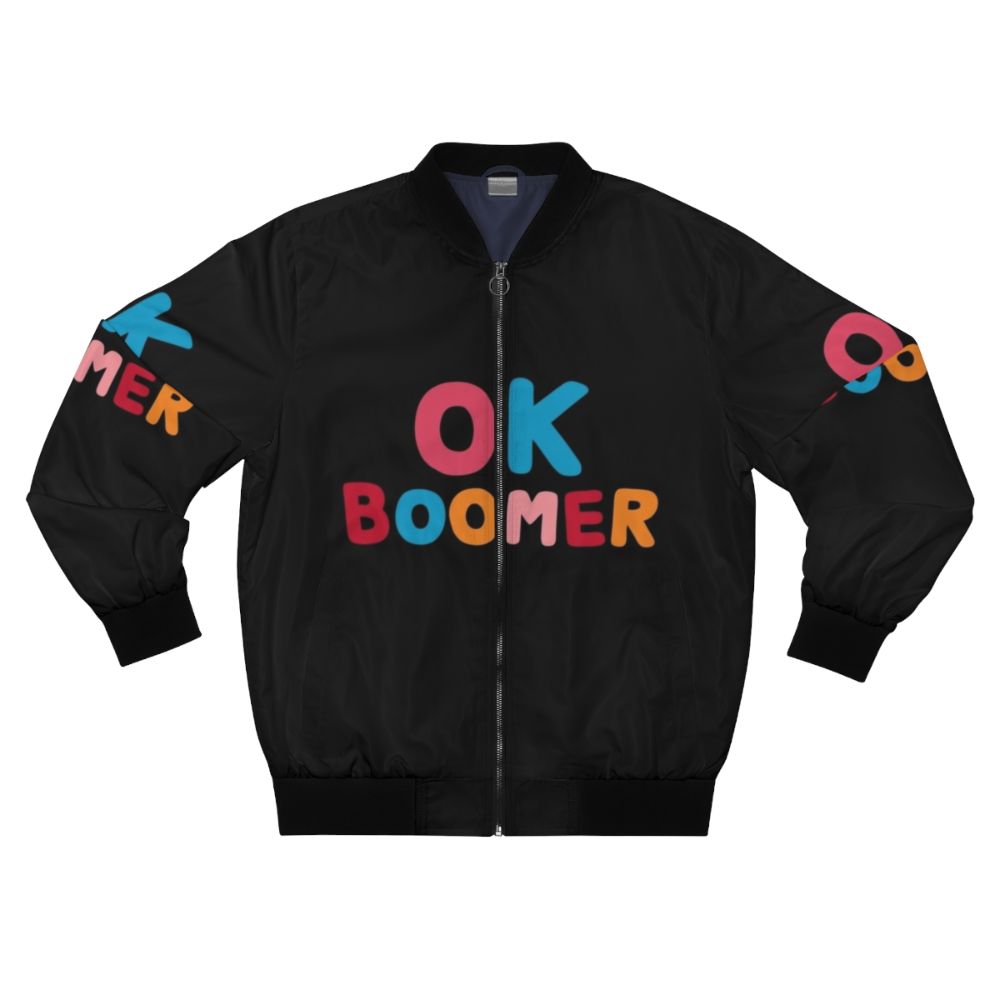 "Ok Boomer" Bomber Jacket with Colorful Typographic Design