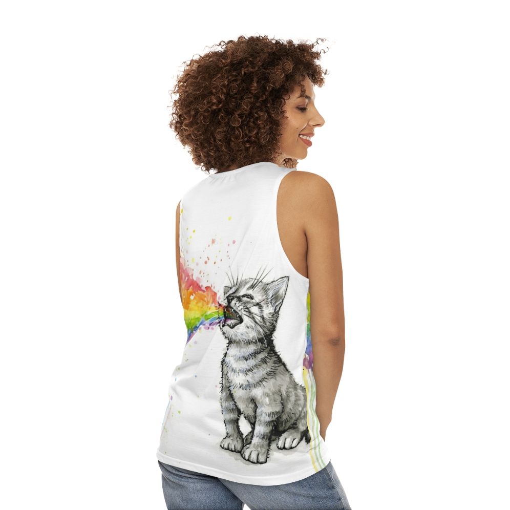 Kitten puking rainbow design on unisex tank top - women back