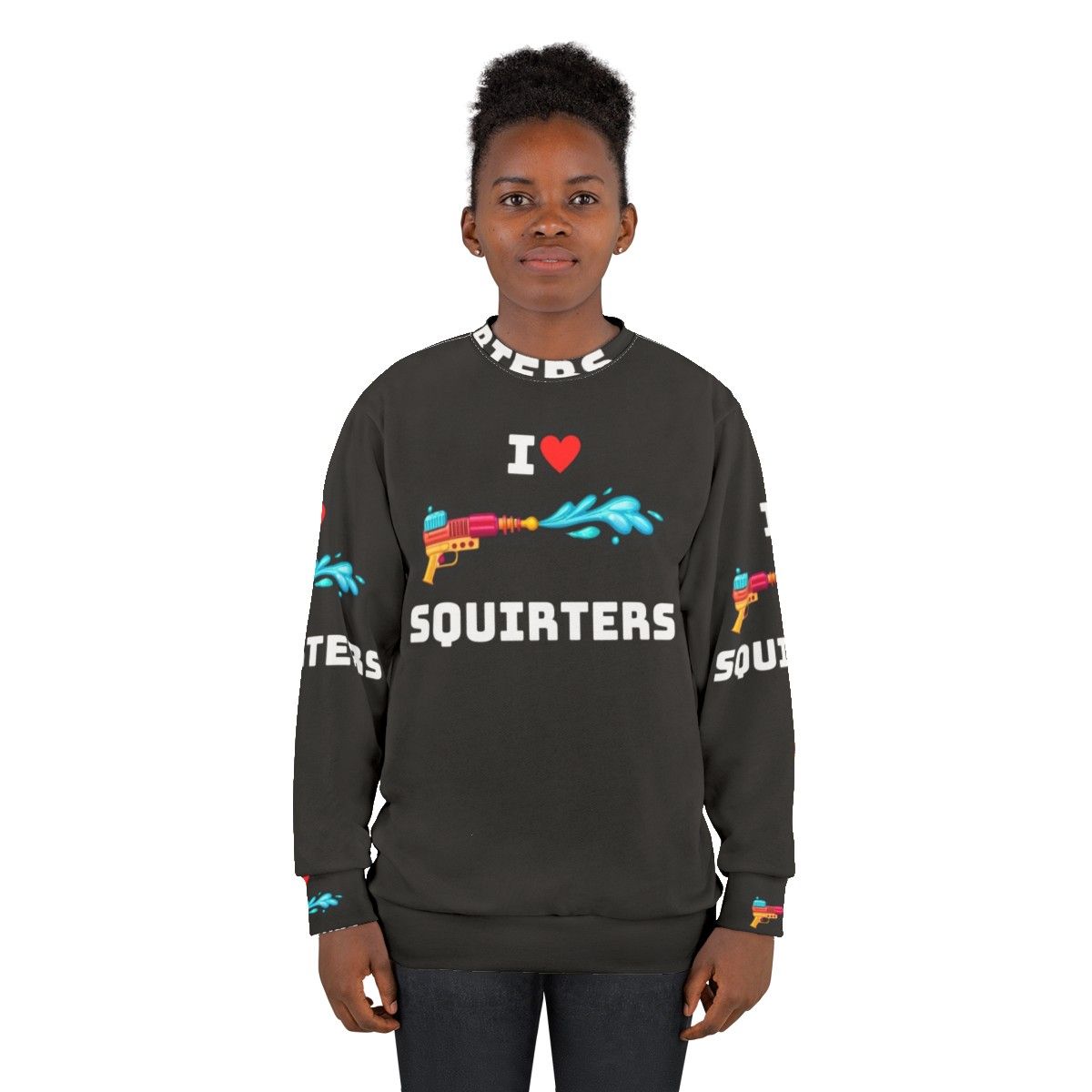 Cute squirrel lover's sweatshirt with "I Love Squirters" text - women