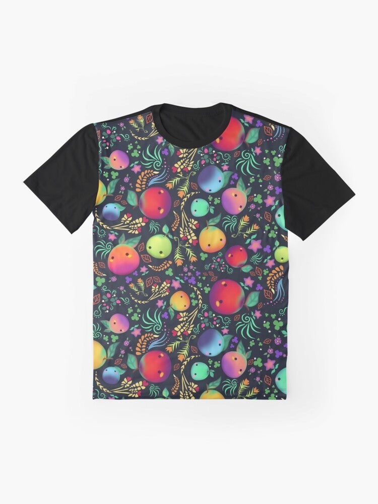 Illustration of Stardew Valley friends, junimo, and farm plants on a t-shirt - Flat lay