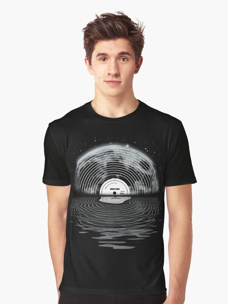 Graphic t-shirt with a moon and stars design, featuring a retro music and space theme. - Men