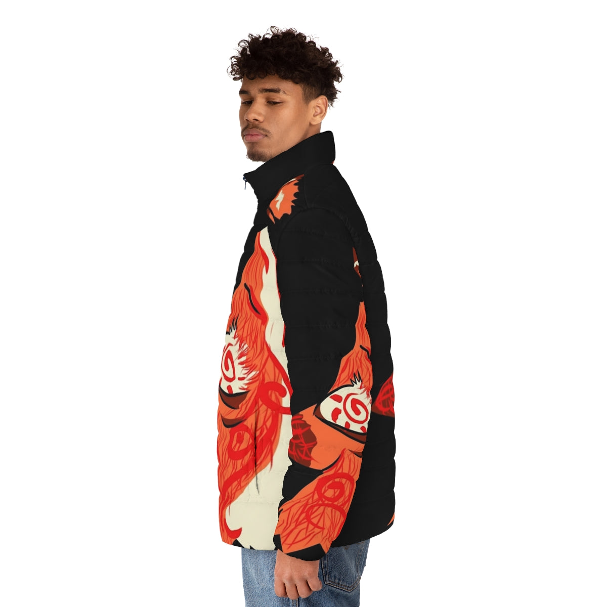 Kitsune spirit red fox puffer jacket with fall and autumn design - men side left