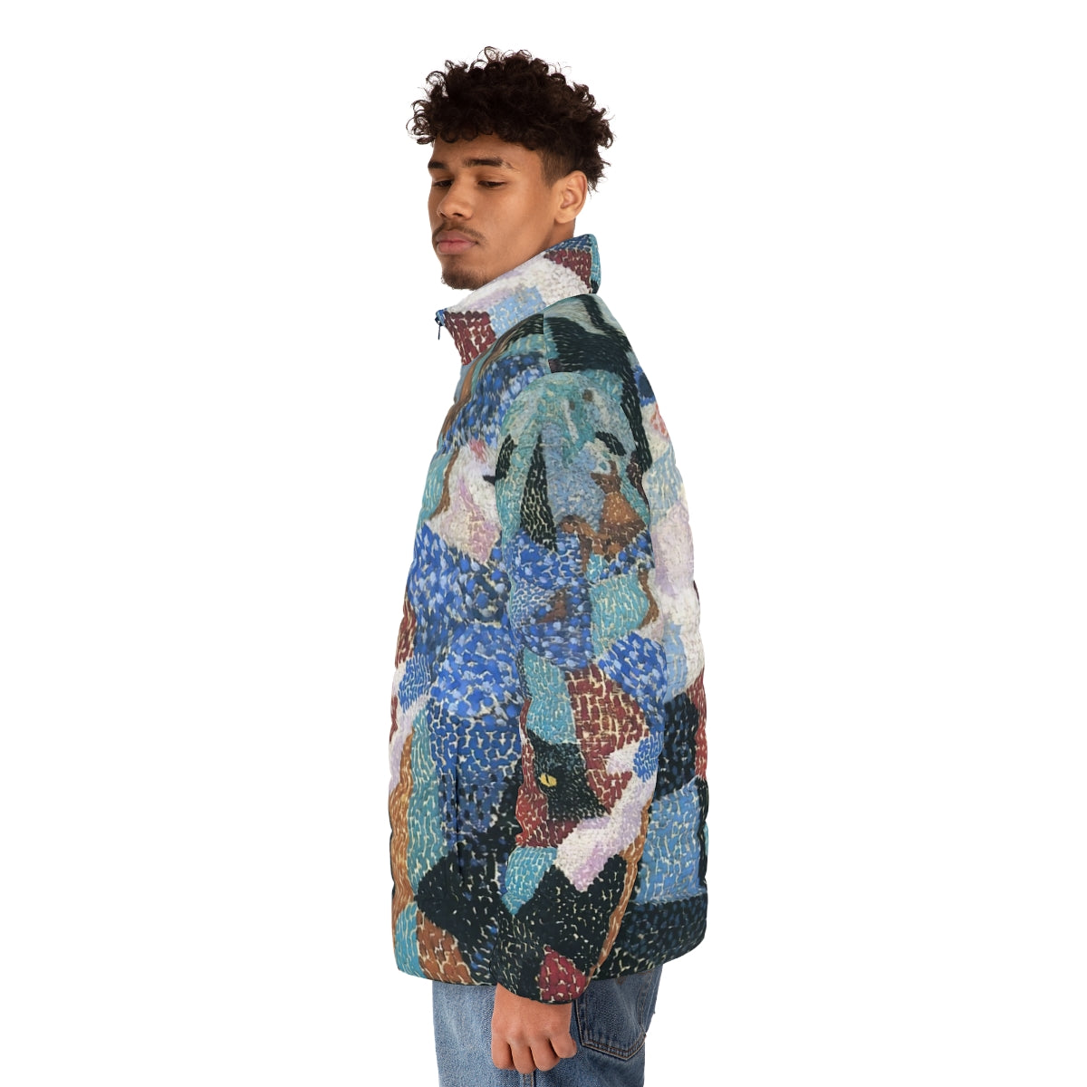 Gino Severini Futurist puffer jacket featuring vibrant abstract geometric shapes and cubist-inspired design - men side left