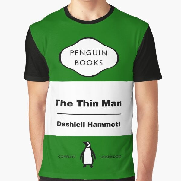 Graphic t-shirt featuring the Penguin Books logo, the title "The Thin Man" by Dashiell Hammett, and references to the musicians Damon Albarn and Blur