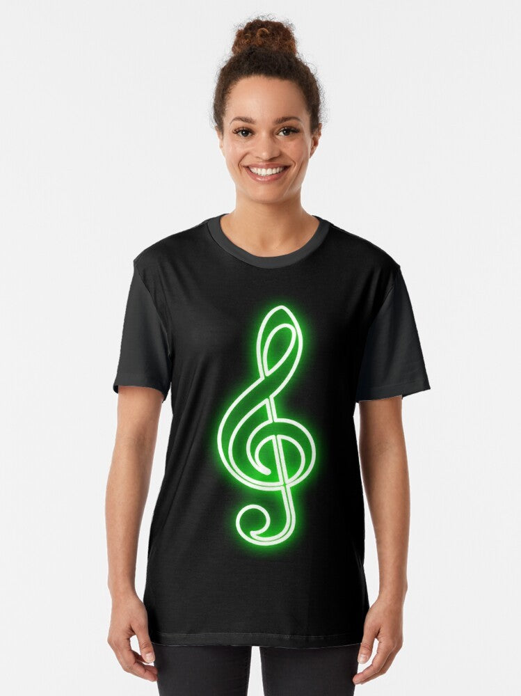 Neon green graphic t-shirt with a treble clef design for music enthusiasts - Women