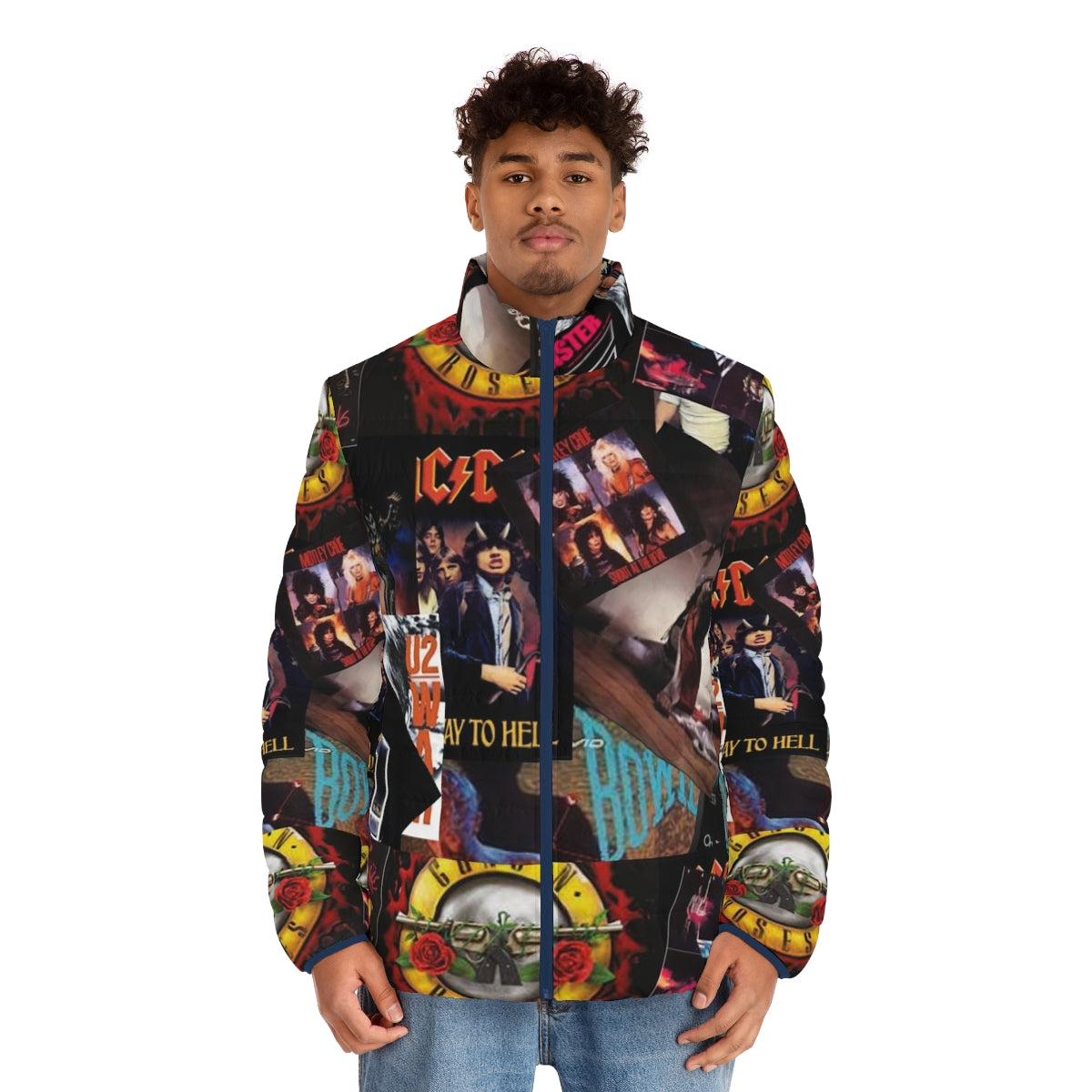 Colorful collage puffer jacket featuring 1980s rock band logos and album covers - men front