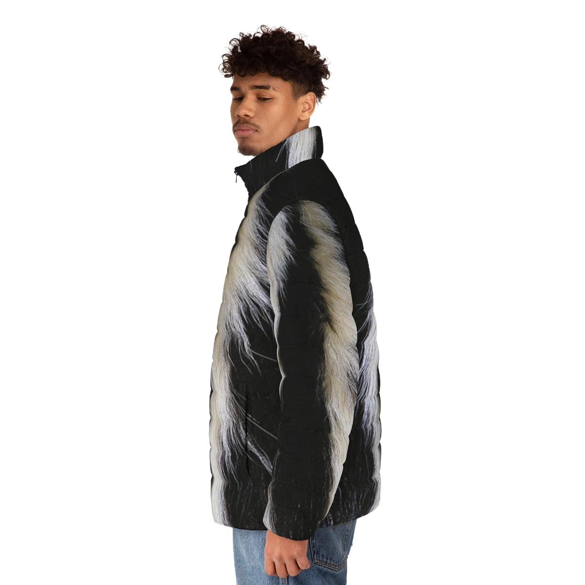 Skunk-inspired puffer jacket with bold black and white stripes - men side left