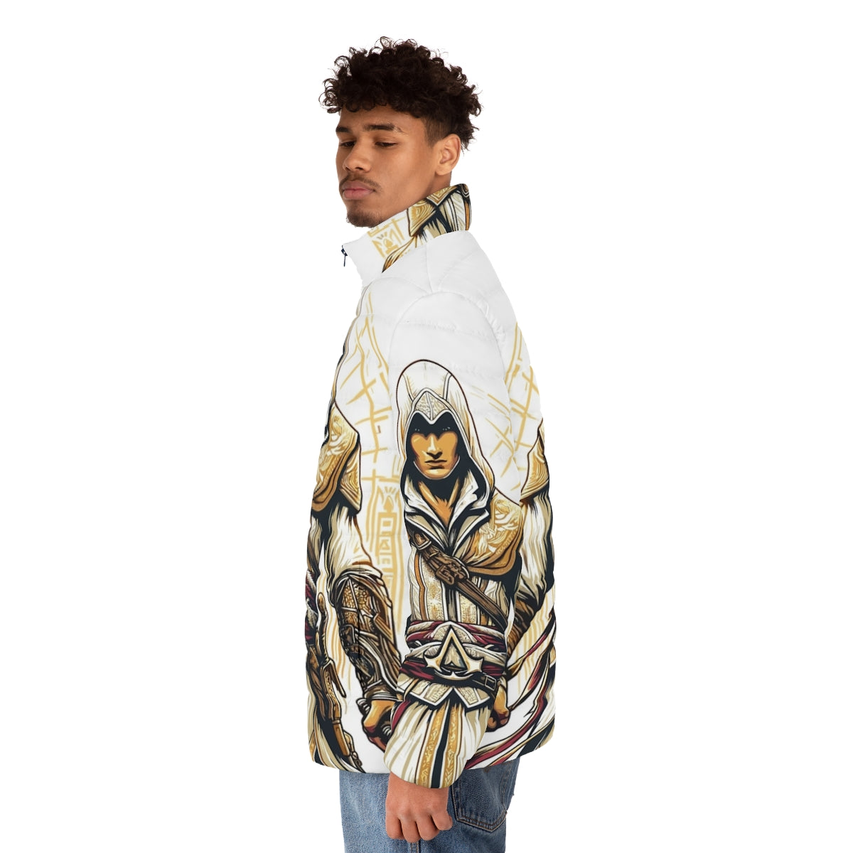 Assassin's Creed inspired puffer jacket with bright colors and historical motifs - men side left