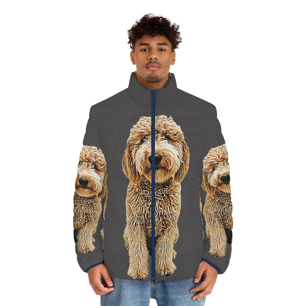 Goldendoodle and Labradoodle wearing a puffer jacket - men front