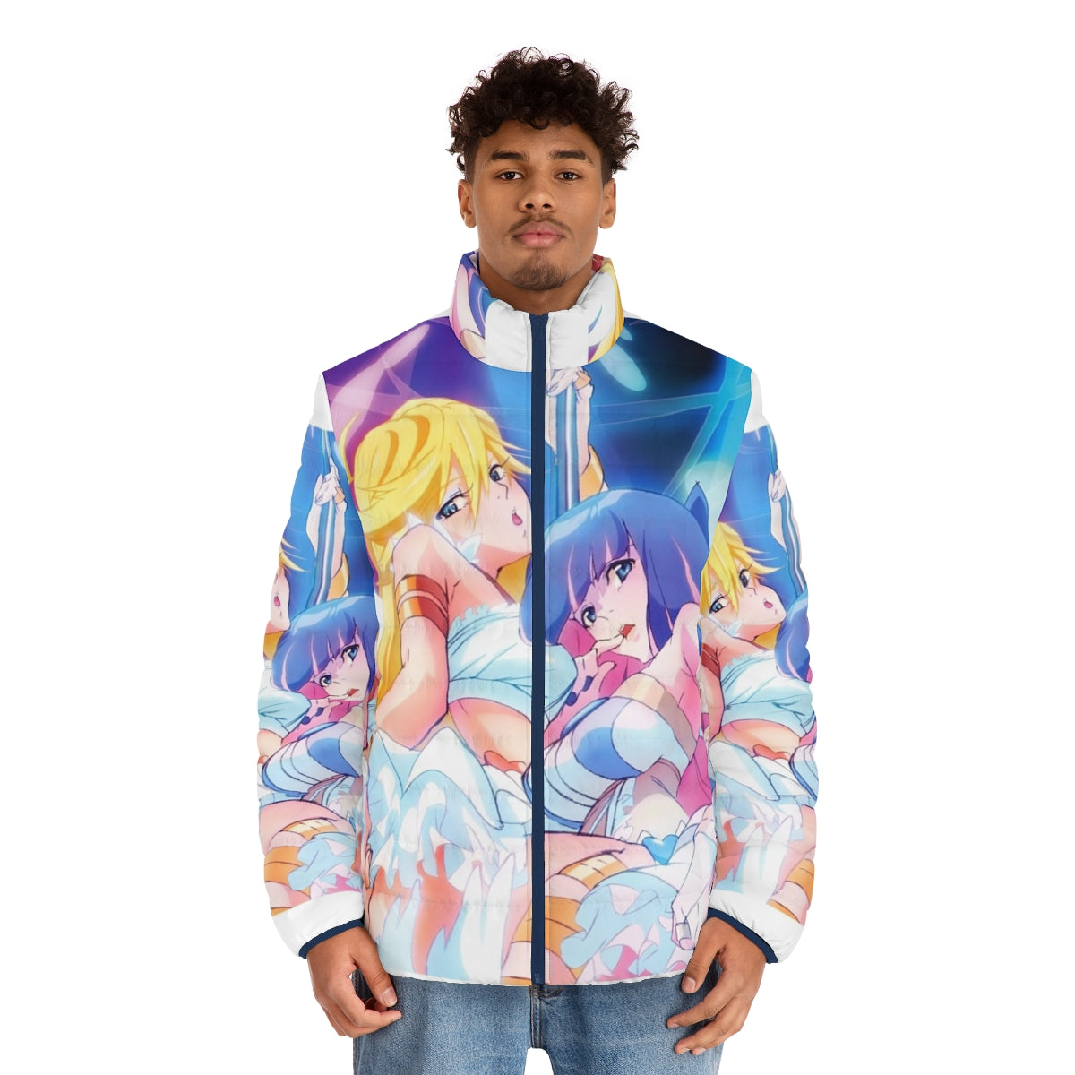 Anime inspired puffer jacket with Panty and Stocking with Garterbelt design - men front