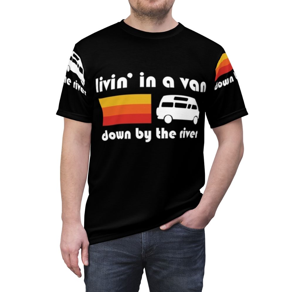 Funny t-shirt design inspired by the iconic "Living in a Van Down by the River" sketch from Saturday Night Live featuring Chris Farley as motivational speaker Matt Foley. - men front