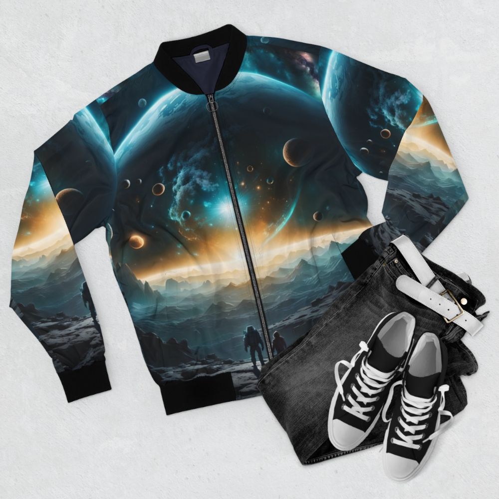 Wanderers sci-fi themed bomber jacket with space, planets, and stars design - Flat lay