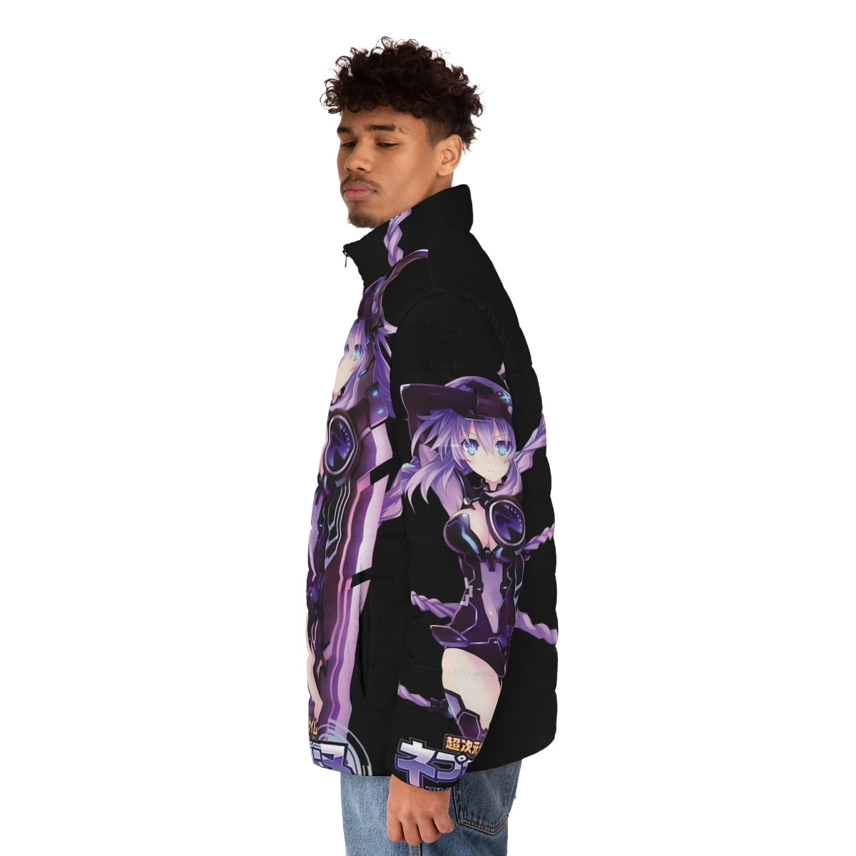 Purple Heart Puffer Jacket with Glowing Anime Sword and D-Pad Design - men side left