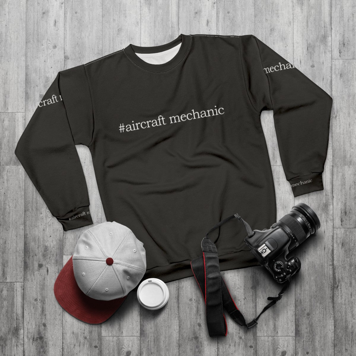 Aircraft mechanic wearing a hashtag sweatshirt - flat lay