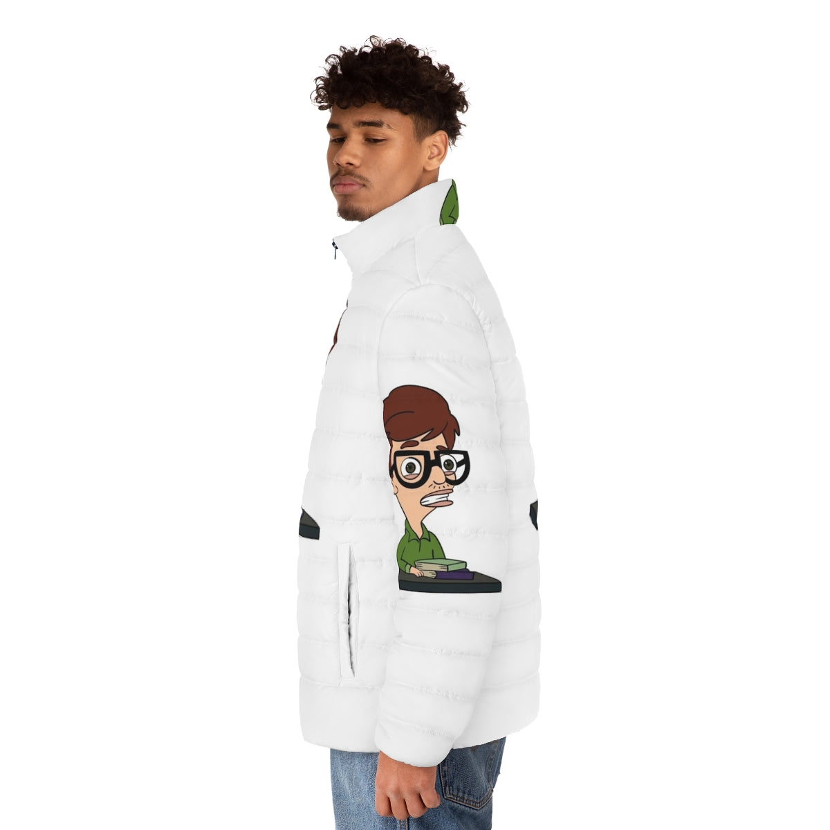 Big Mouth Andrew Glouberman Puffer Jacket, featuring the iconic character from the Netflix animated series - men side left