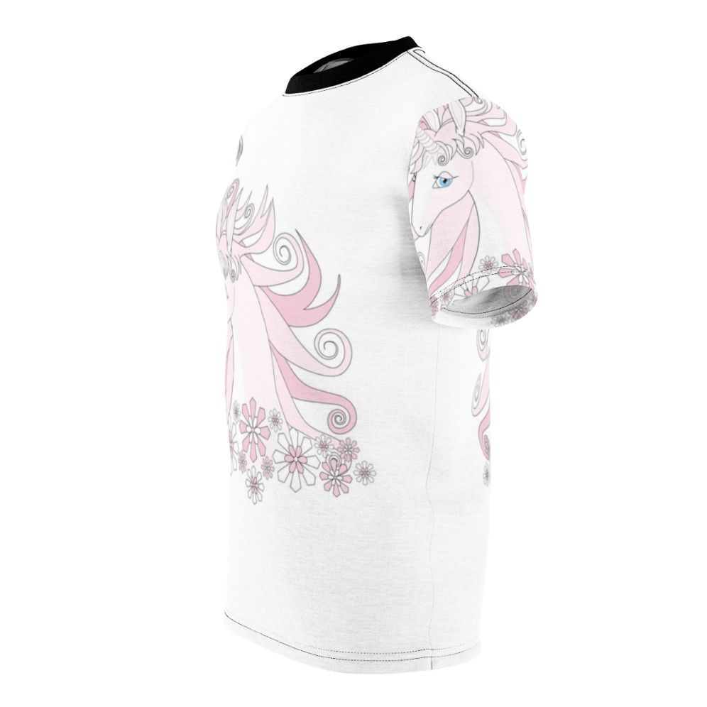 A whimsical t-shirt featuring a beautiful pink unicorn in a fantasy landscape - men left