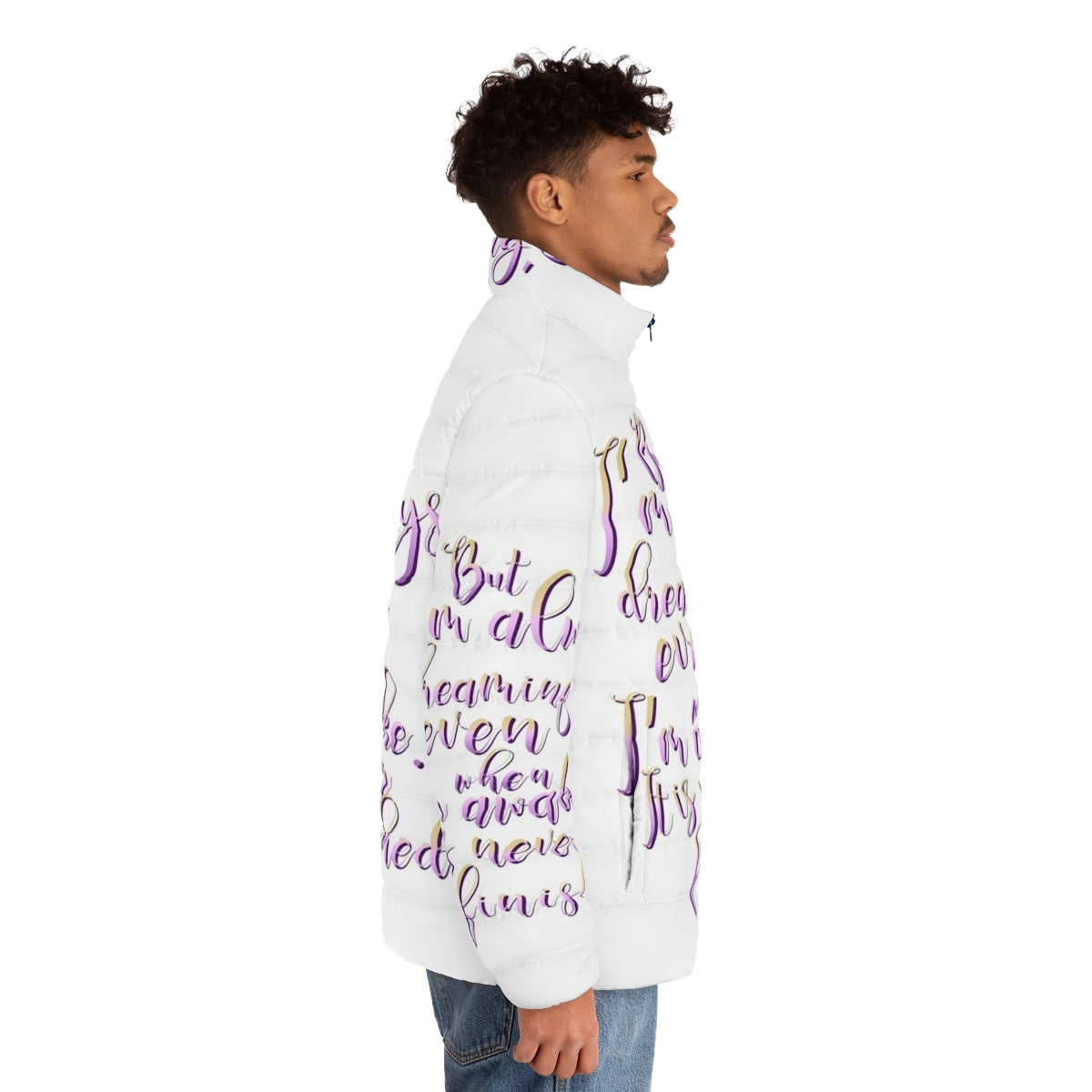 The Last Unicorn Quote Puffer Jacket featuring a whimsical unicorn design - men side right