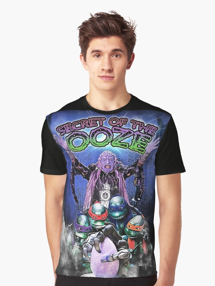 Vintage-style Ninja Turtles graphic t-shirt featuring a mashup design with the characters and the 'Secret of the Ooze' movie theme. - Men