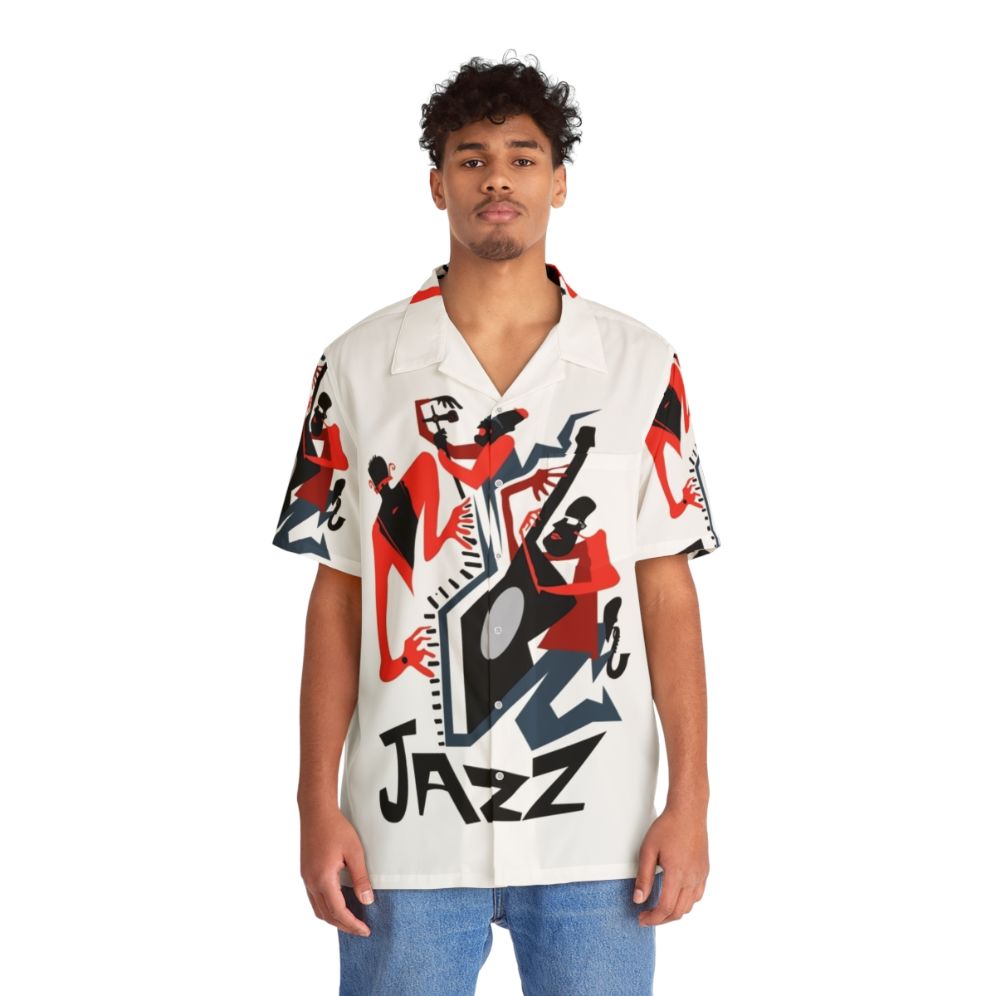 Jazz Quartet Hawaiian Shirt with Saxophone, Trumpet, and Drums - People Front