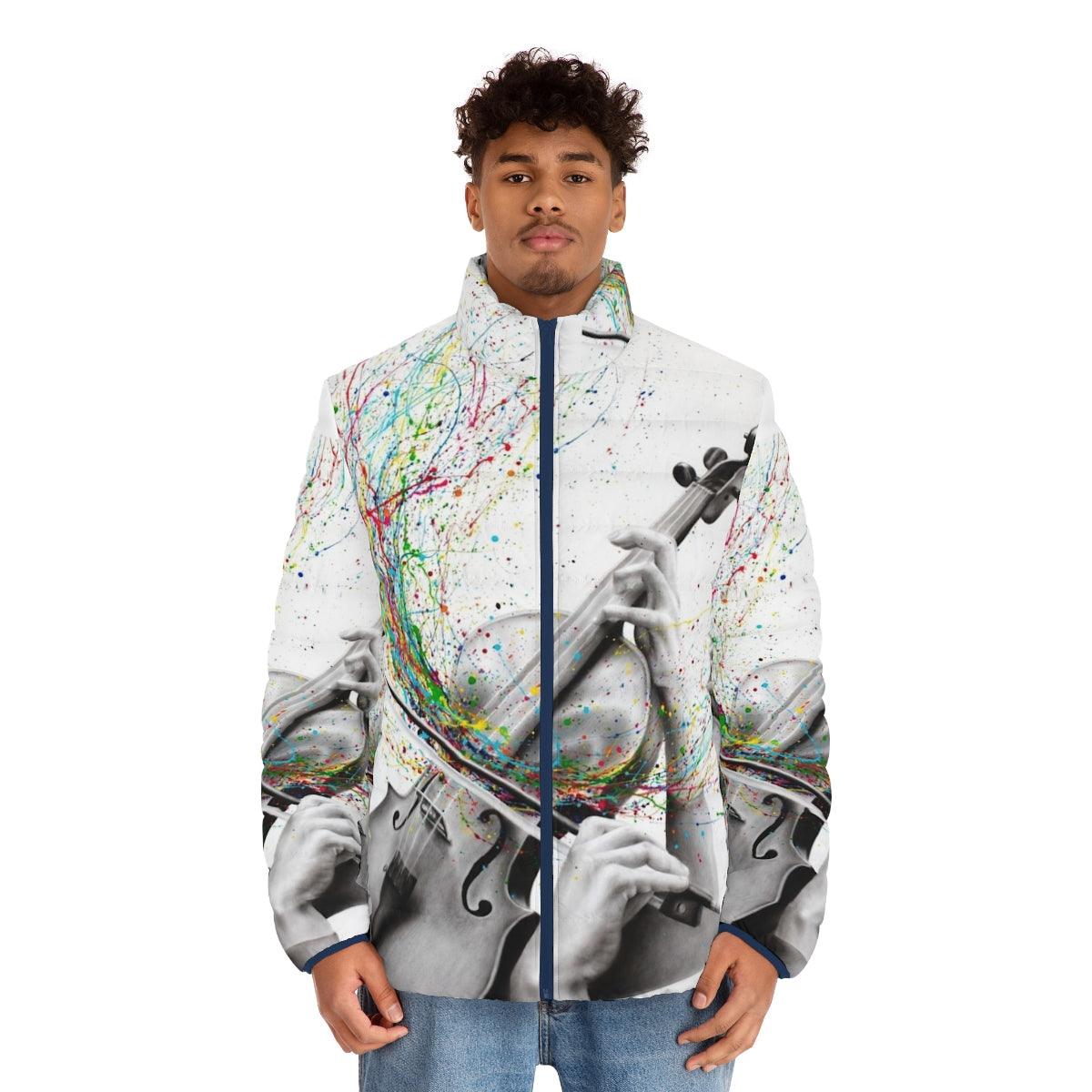 A puffer jacket featuring an abstract, expressive design inspired by the sound of a solo violin performance. - men front