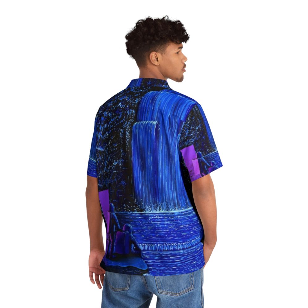 Night Falls Hawaiian Shirt with Waterfall and Astronaut Design - People Back