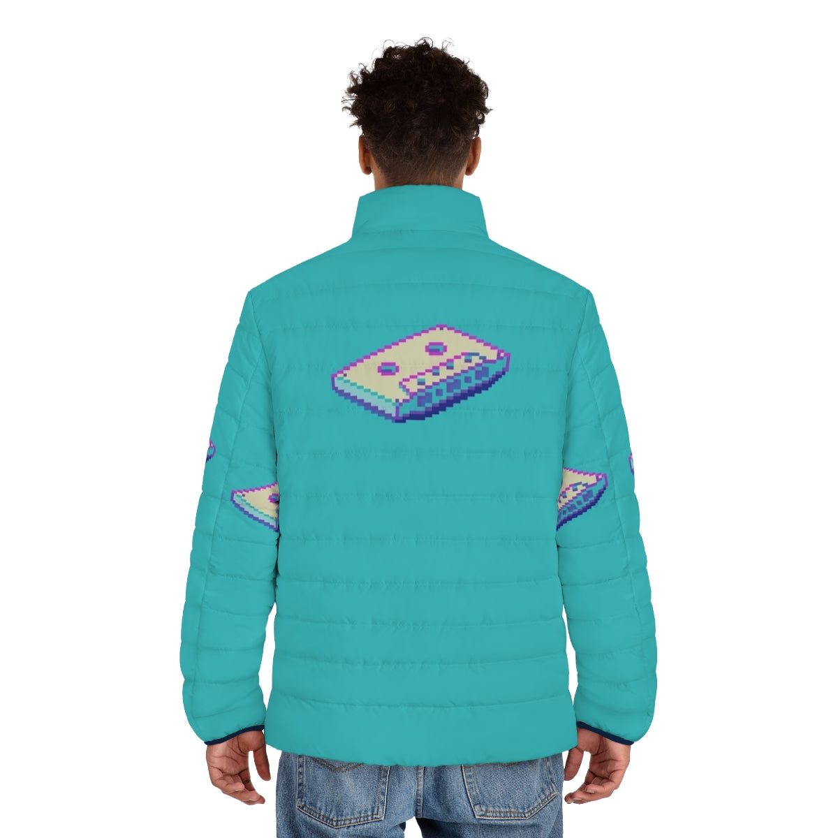 Retro vaporwave cassette puffer jacket with pixel art design - men back