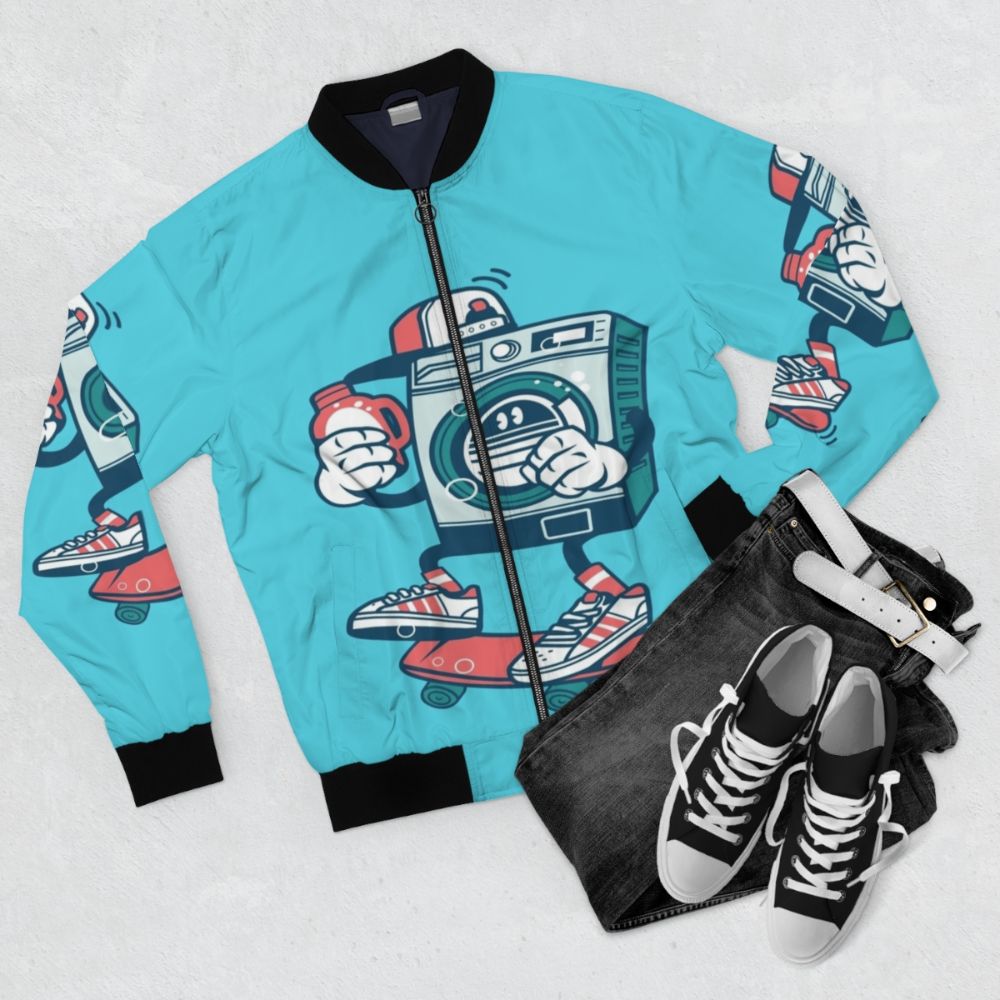 Colorful and vintage-inspired bomber jacket with a washing machine graphic design - Flat lay