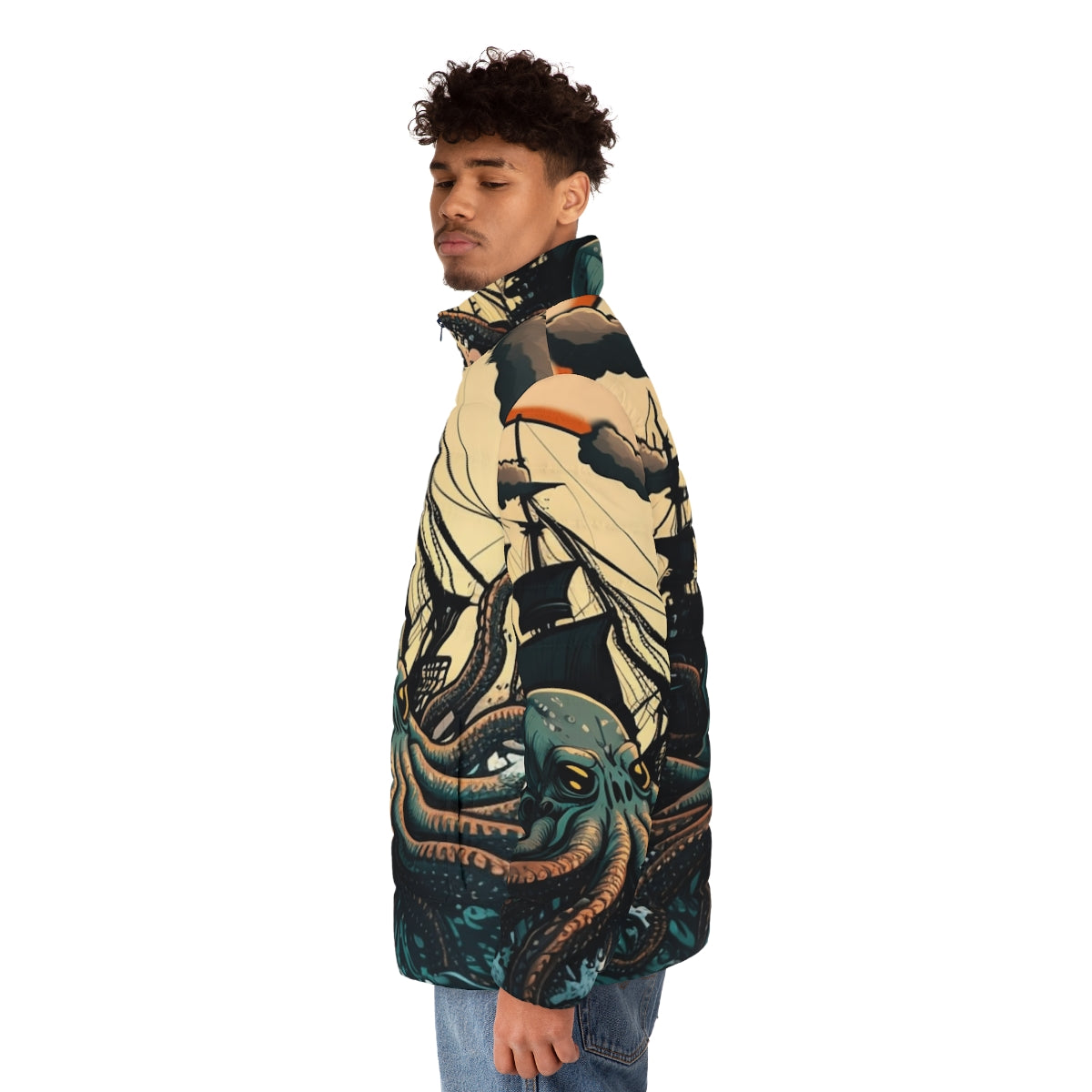 Mythical sea creature puffer jacket featuring legendary beasts and fantasy ocean creatures - men side left