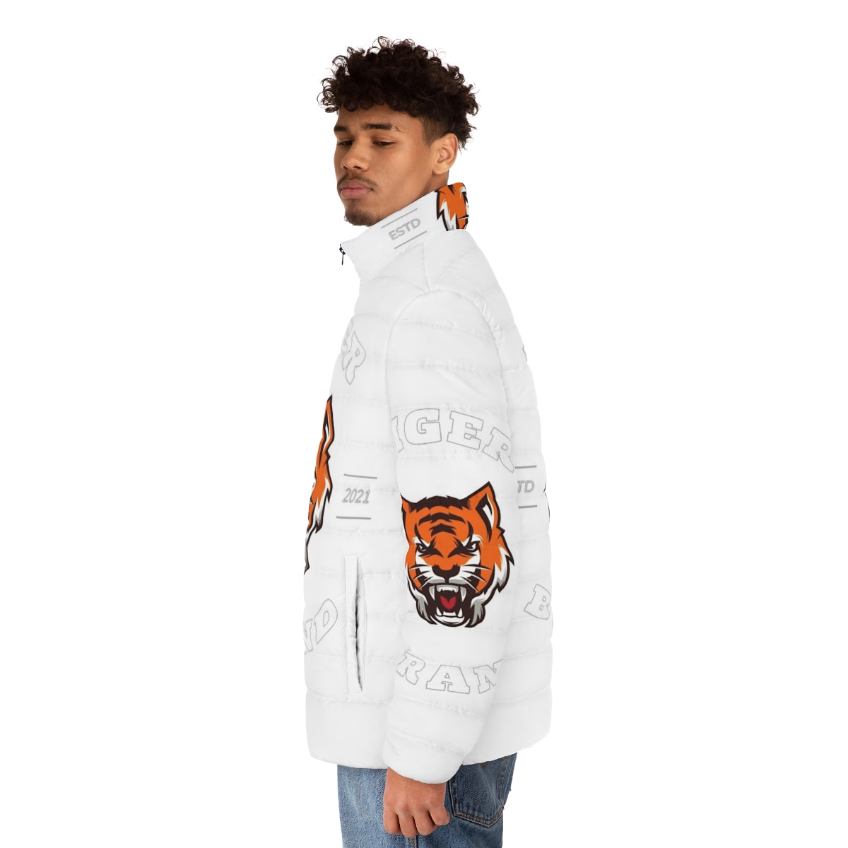 Colorful tiger print puffer jacket - men side left